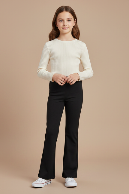 Pantalon Patte D'Éléphant Noir Uni Ajusté Fille - Maille