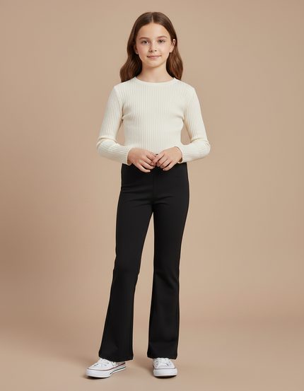 Pantalon Patte D'Éléphant Noir Uni Ajusté Fille - Maille