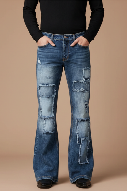 Pantalon Patte D'Éléphant Bleu Patchwork Vintage Délavé Homme - Jean