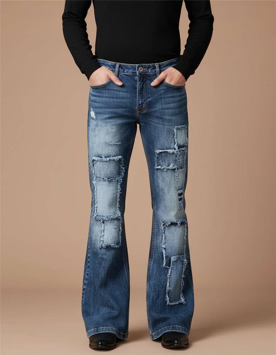 Pantalon Patte D'Éléphant Bleu Patchwork Vintage Délavé Homme - Jean