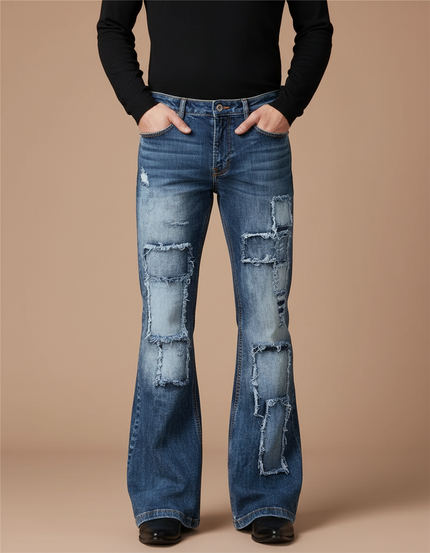 Pantalon Patte D'Éléphant Bleu Patchwork Vintage Délavé Homme - Jean