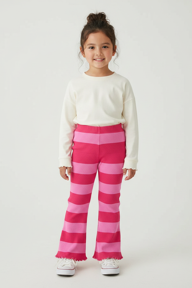 Pantalon Patte D'Éléphant Rayé Rose Côtelé Évasé Confortable - Maille