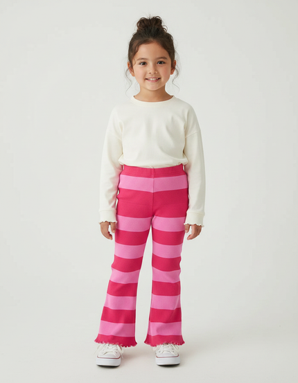 Pantalon Patte D'Éléphant Rayé Rose Côtelé Évasé Confortable - Maille