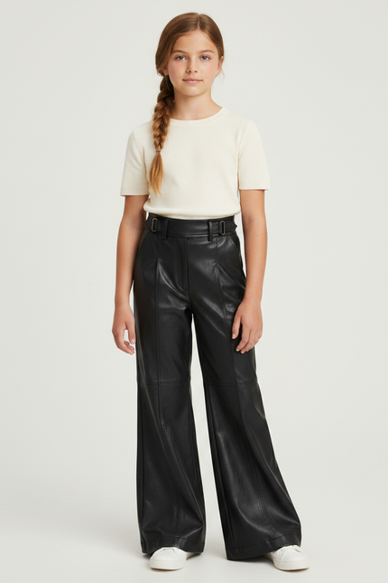 Pantalon Patte D'Éléphant Noir Similicuir Taille Haute Ceinturé - Simili cuir