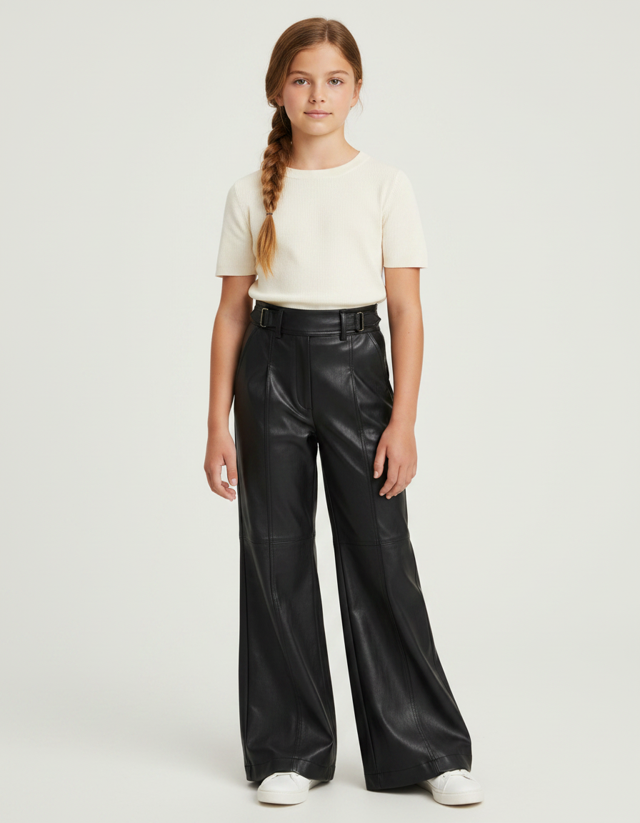 Pantalon Patte D'Éléphant Noir Similicuir Taille Haute Ceinturé - Simili cuir