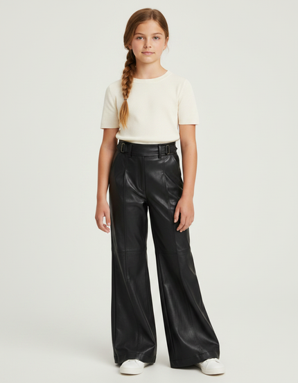 Pantalon Patte D'Éléphant Noir Similicuir Taille Haute Ceinturé - Simili cuir