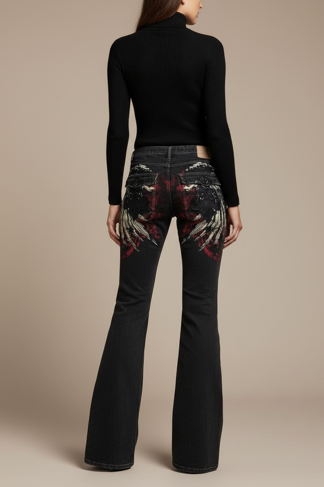 Pantalon Patte D'Éléphant Noir Imprimé Gothique Vintage Ample - Jean