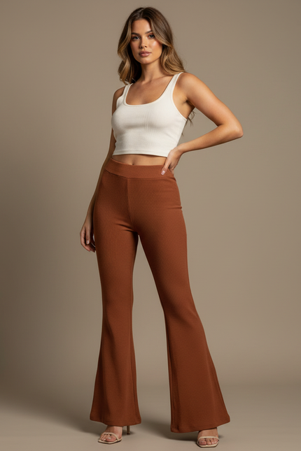 Pantalon Patte D'Éléphant Marron Ribbed Taille Haute Confortable - Maille