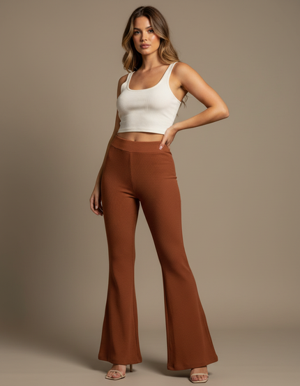 Pantalon Patte D'Éléphant Marron Ribbed Taille Haute Confortable - Maille