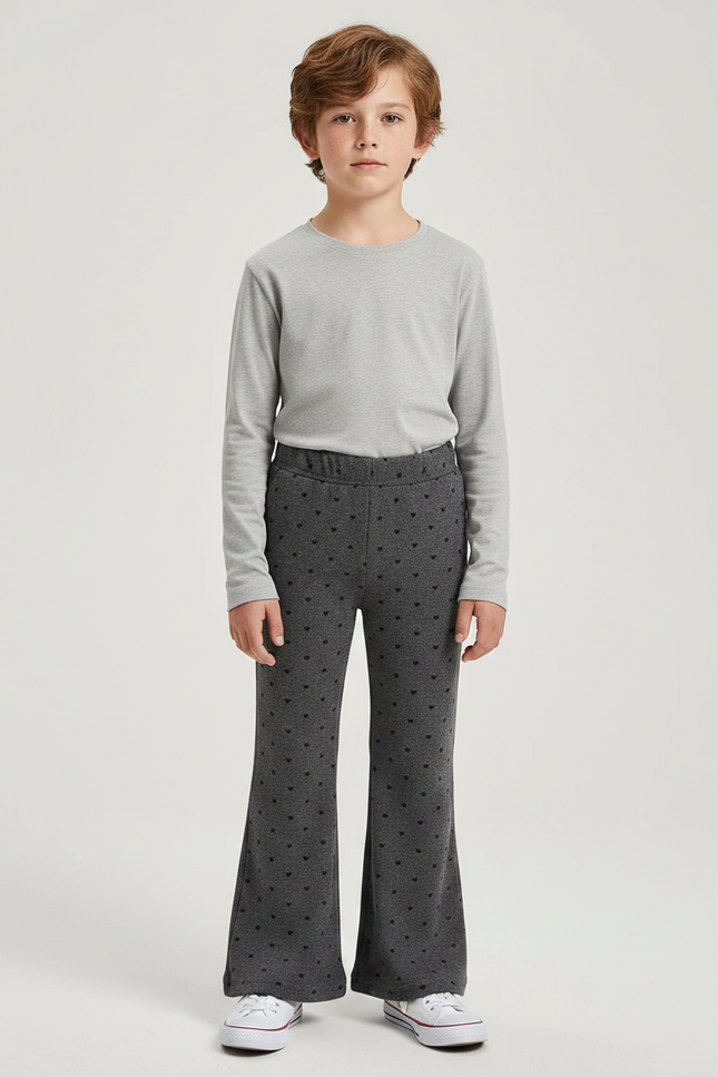 Pantalon Patte D'Éléphant Gris Cœurs Noirs Enfant Confortable - Molleton