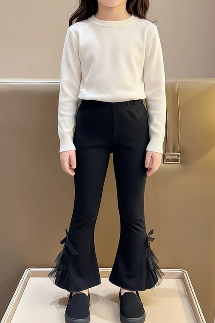Pantalon Patte D'Éléphant Noir Évasé Nœuds Tulle Enfant - Maille