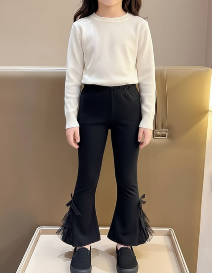 Pantalon Patte D'Éléphant Noir Évasé Nœuds Tulle Enfant - Maille