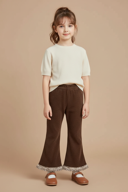 Pantalon Patte D'Éléphant Marron Côtelé Évasé Fille Hiver - Cordé
