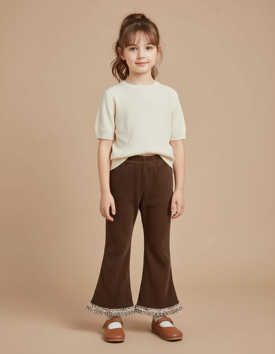 Pantalon Patte D'Éléphant Marron Côtelé Évasé Fille Hiver - Cordé