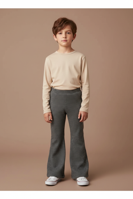 Pantalon Patte D'Éléphant Rayé Gris Noir Évasé Tricoté - Imprimé Maille