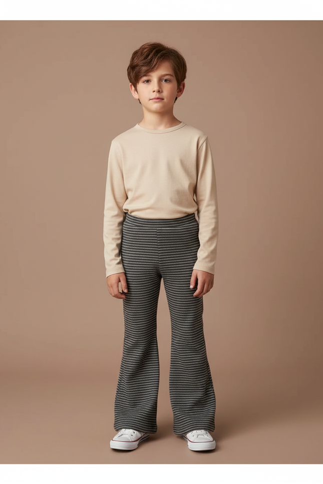 Pantalon Patte D'Éléphant Rayé Gris Noir Évasé Tricoté - Imprimé Maille
