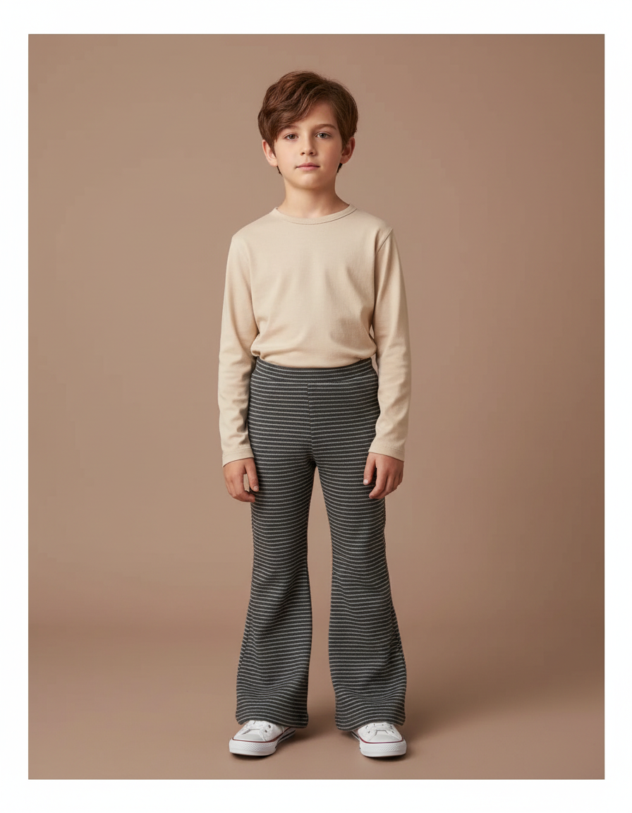 Pantalon Patte D'Éléphant Rayé Gris Noir Évasé Tricoté - Imprimé Maille