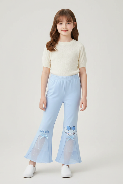 Pantalon Patte D'Éléphant Bleu Clair Brodé Cinnamoroll Évasé Fille - Polyester
