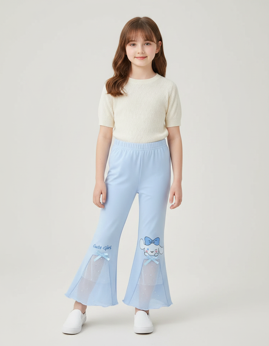 Pantalon Patte D'Éléphant Bleu Clair Brodé Cinnamoroll Évasé Fille - Polyester