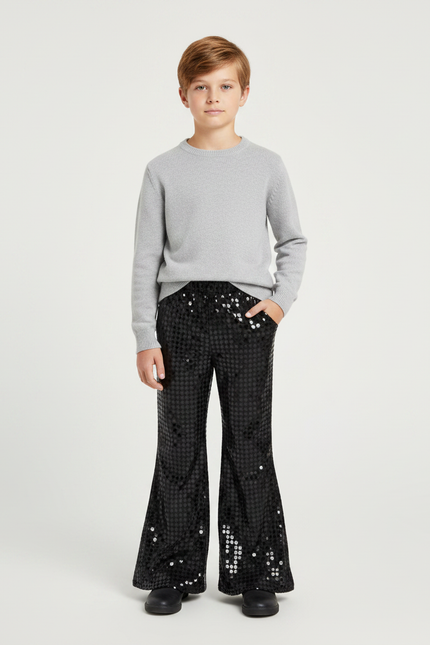 Pantalon Patte D'Éléphant Noir Pailleté Brillant Évasé Enfant - Polyester