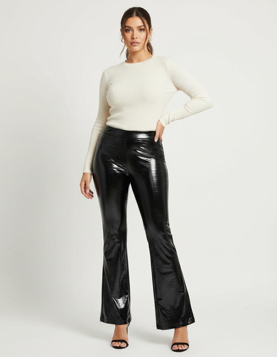 Pantalon Patte D'Éléphant Noir Brillant Similicuir Taille Haute Femme - Simili cuir