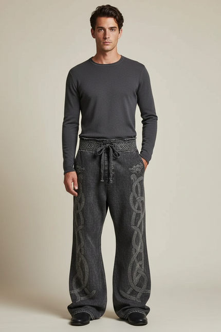 Pantalon Patte D'Éléphant Gris Brodé Celtique Ample Décontracté - Jean