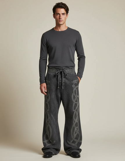 Pantalon Patte D'Éléphant Gris Brodé Celtique Ample Décontracté - Jean