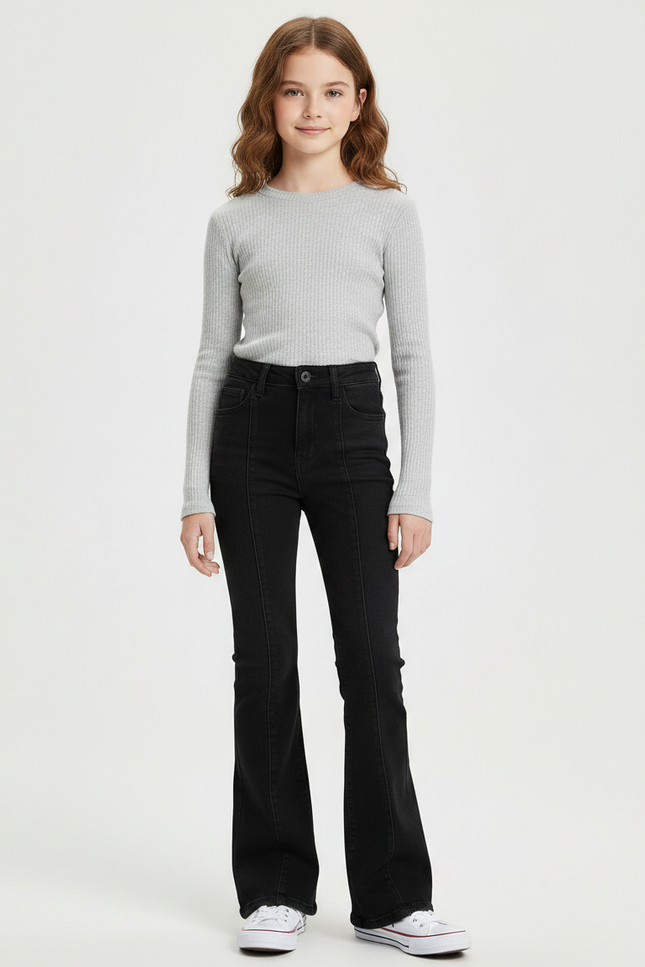 Pantalon Patte D'Éléphant Noir Évasé Taille Haute Fille - Jean