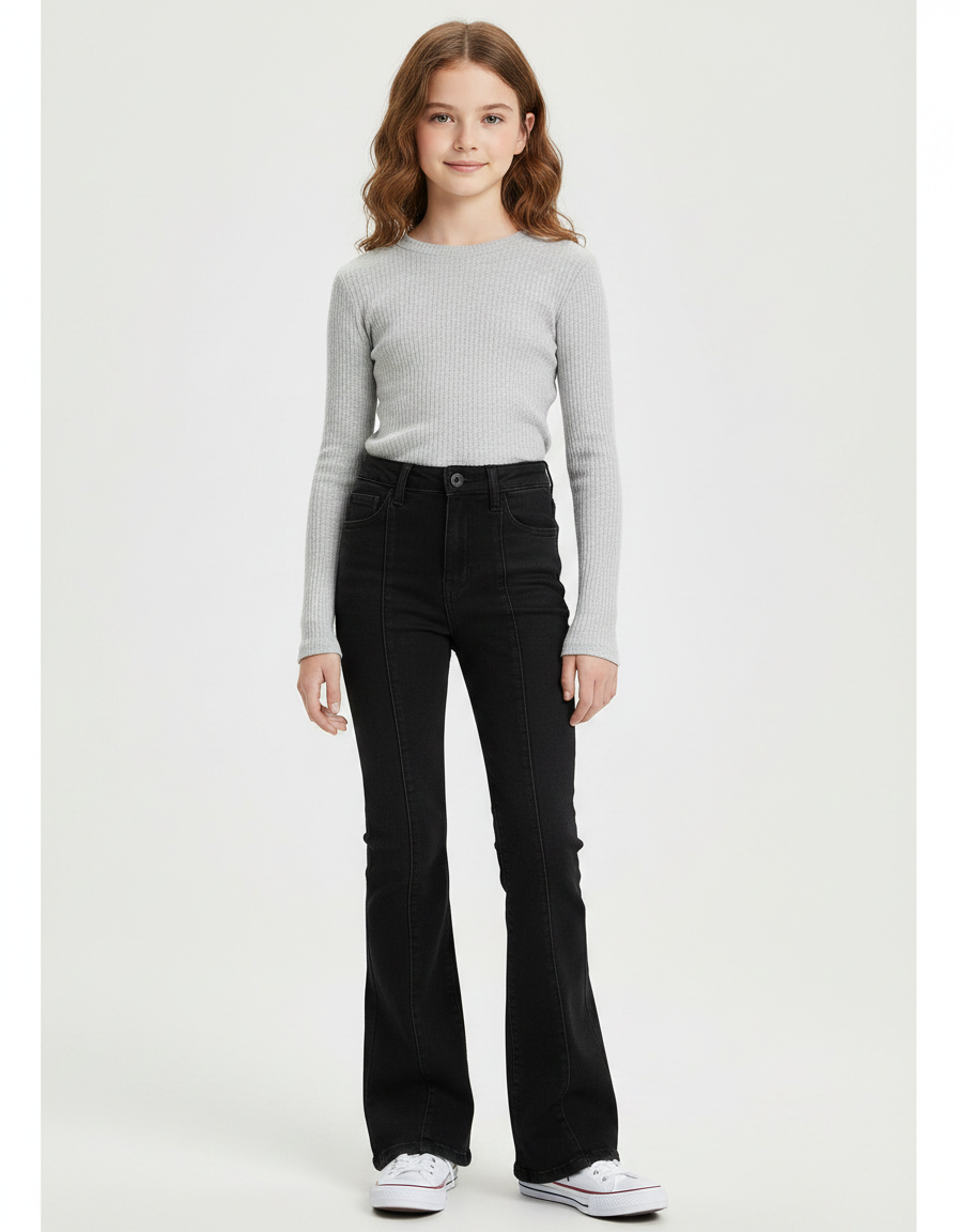 Pantalon Patte D'Éléphant Noir Évasé Taille Haute Fille - Jean