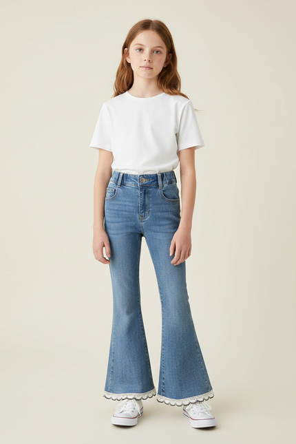 Pantalon Patte D'Éléphant Denim Bleu Dentelle Évasé Fille - Jean