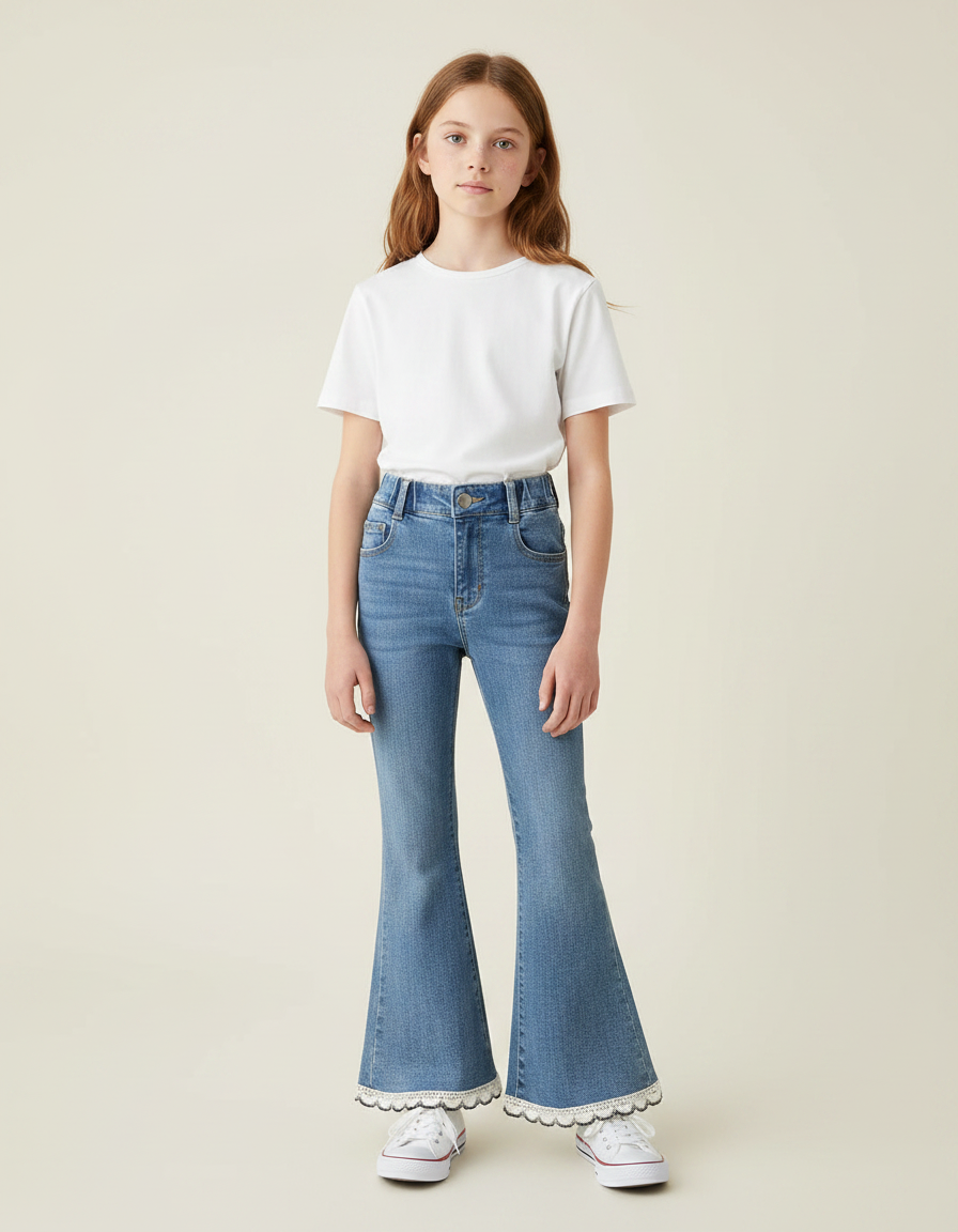 Pantalon Patte D'Éléphant Denim Bleu Dentelle Évasé Fille - Jean