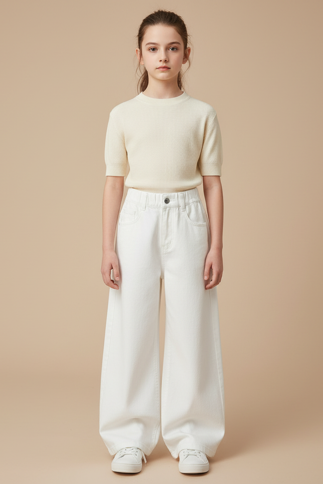 Pantalon Patte D'Éléphant Blanc Ample Coton Décontracté Enfant - Jean