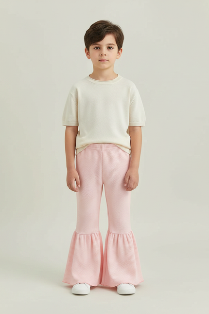 Pantalon Patte D'Éléphant Rose Côtelé Évasé Volants Enfants - Maille