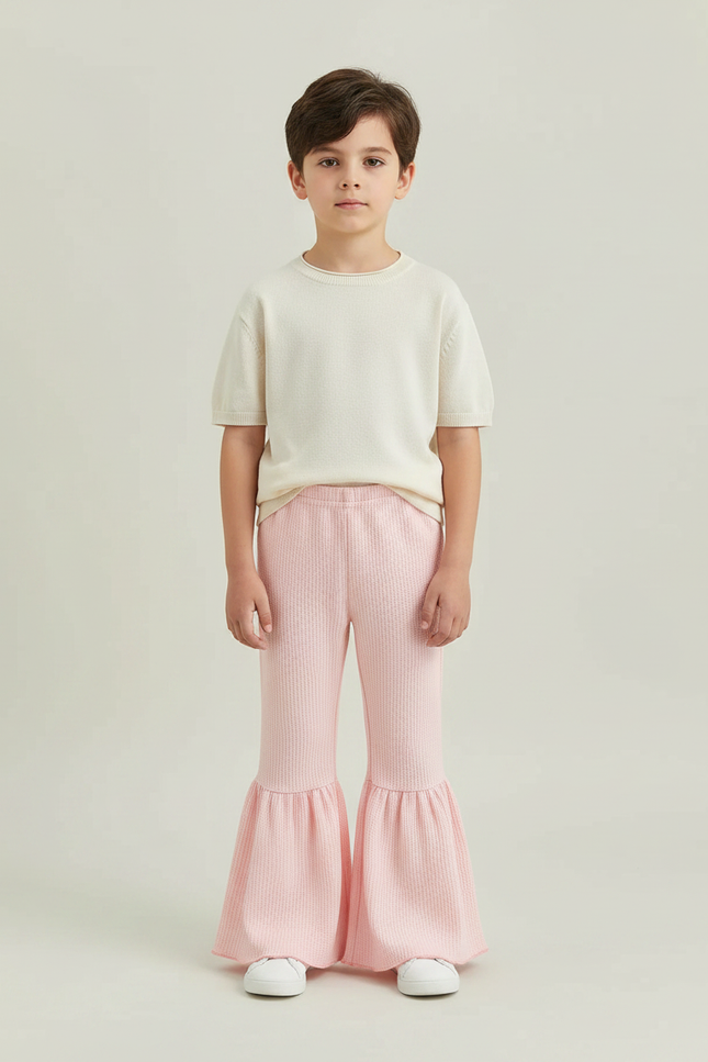 Pantalon Patte D'Éléphant Rose Côtelé Évasé Volants Enfants - Maille