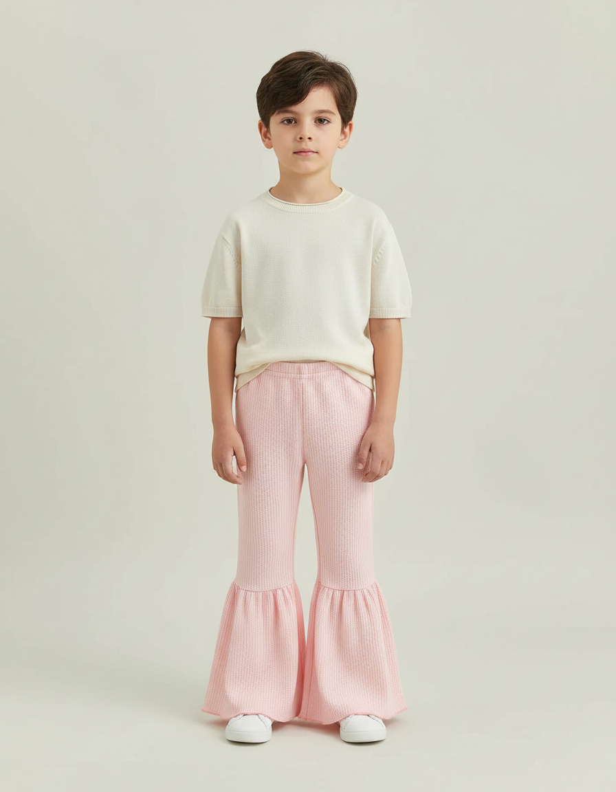 Pantalon Patte D'Éléphant Rose Côtelé Évasé Volants Enfants - Maille