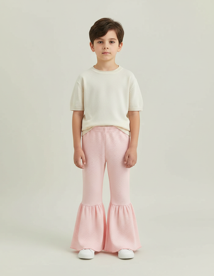 Pantalon Patte D'Éléphant Rose Côtelé Évasé Volants Enfants - Maille