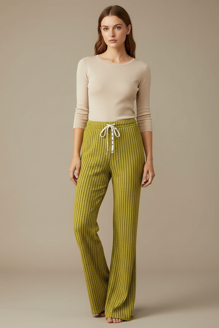 Pantalon Patte D'Éléphant Vert Cordon Rayé Fluide Décontracté - Maille