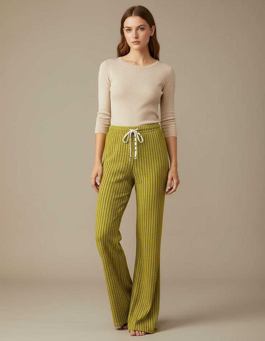 Pantalon Patte D'Éléphant Vert Cordon Rayé Fluide Décontracté - Maille