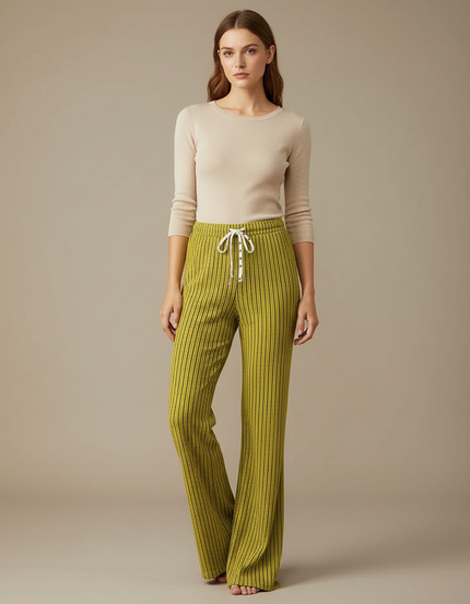 Pantalon Patte D'Éléphant Vert Cordon Rayé Fluide Décontracté - Maille