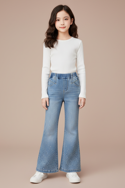 Pantalon Patte D'Éléphant Bleu Évasé Strass Enfant - Jean