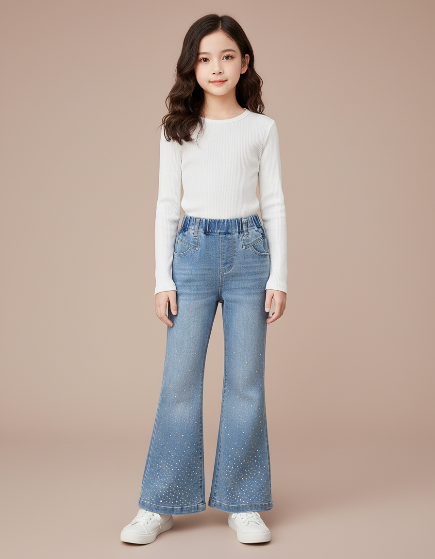 Pantalon Patte D'Éléphant Bleu Évasé Strass Enfant - Jean