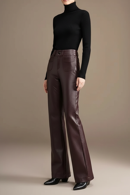 Pantalon Patte D'Éléphant Simili Cuir Marron Taille Haute