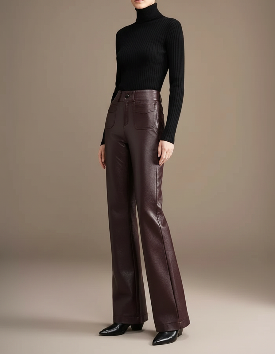 Pantalon Patte D'Éléphant Simili Cuir Marron Taille Haute