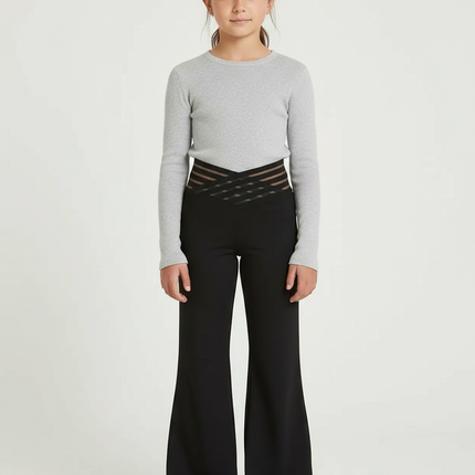 Pantalon Patte D'Éléphant Noir Évasé Maille Transparente Fille - Polyester