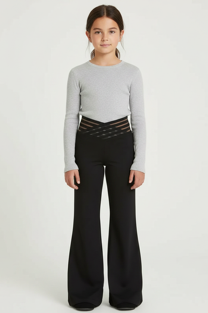 Pantalon Patte D'Éléphant Noir Évasé Maille Transparente Fille - Polyester