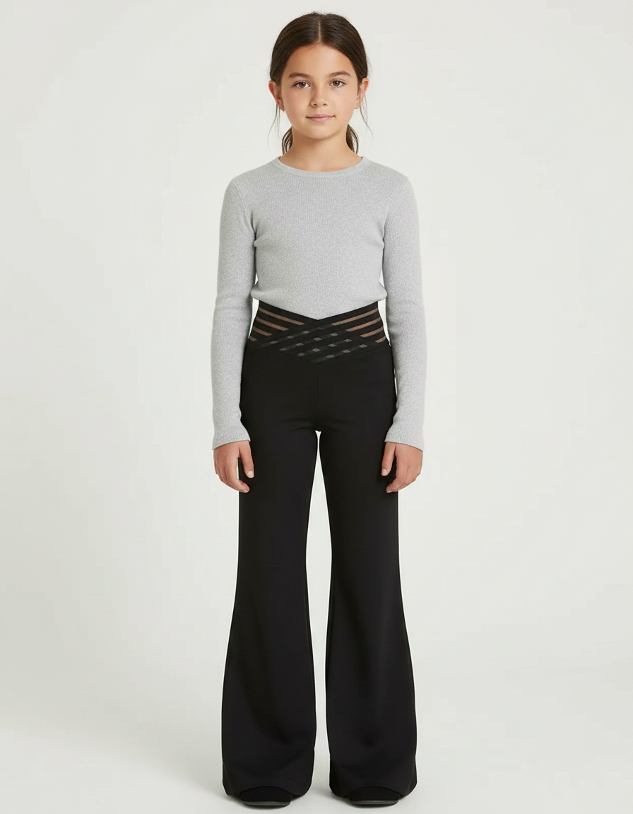 Pantalon Patte D'Éléphant Noir Évasé Maille Transparente Fille - Polyester