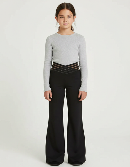 Pantalon Patte D'Éléphant Noir Évasé Maille Transparente Fille - Polyester