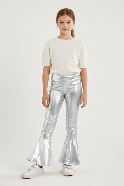 Pantalon Patte D'Éléphant Argenté Brillant Fille Disco Évasé - Polyester