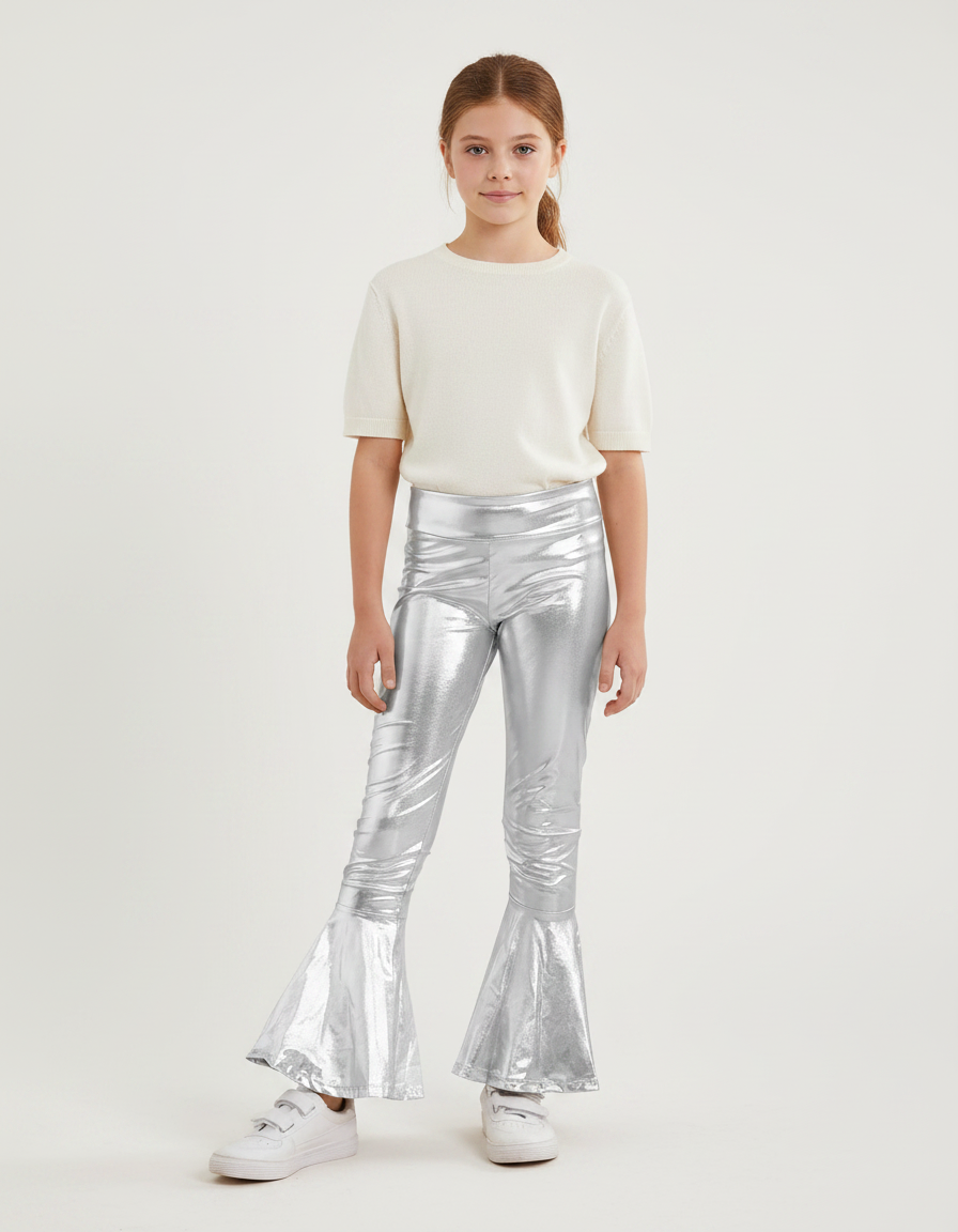 Pantalon Patte D'Éléphant Argenté Brillant Fille Disco Évasé - Polyester