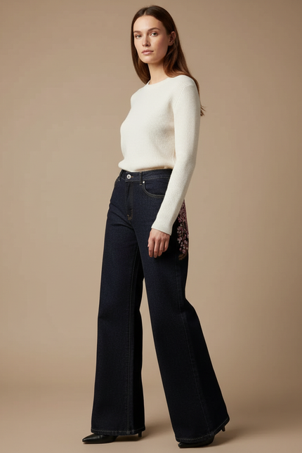 Pantalon Patte D'Éléphant Denim Foncé Brodé Floral Taille Haute - Marine Jean